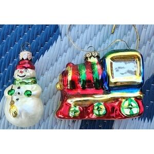 Vintage Blown Glass Hand Painted Holiday Train Christmas Ornament Tree Snowman